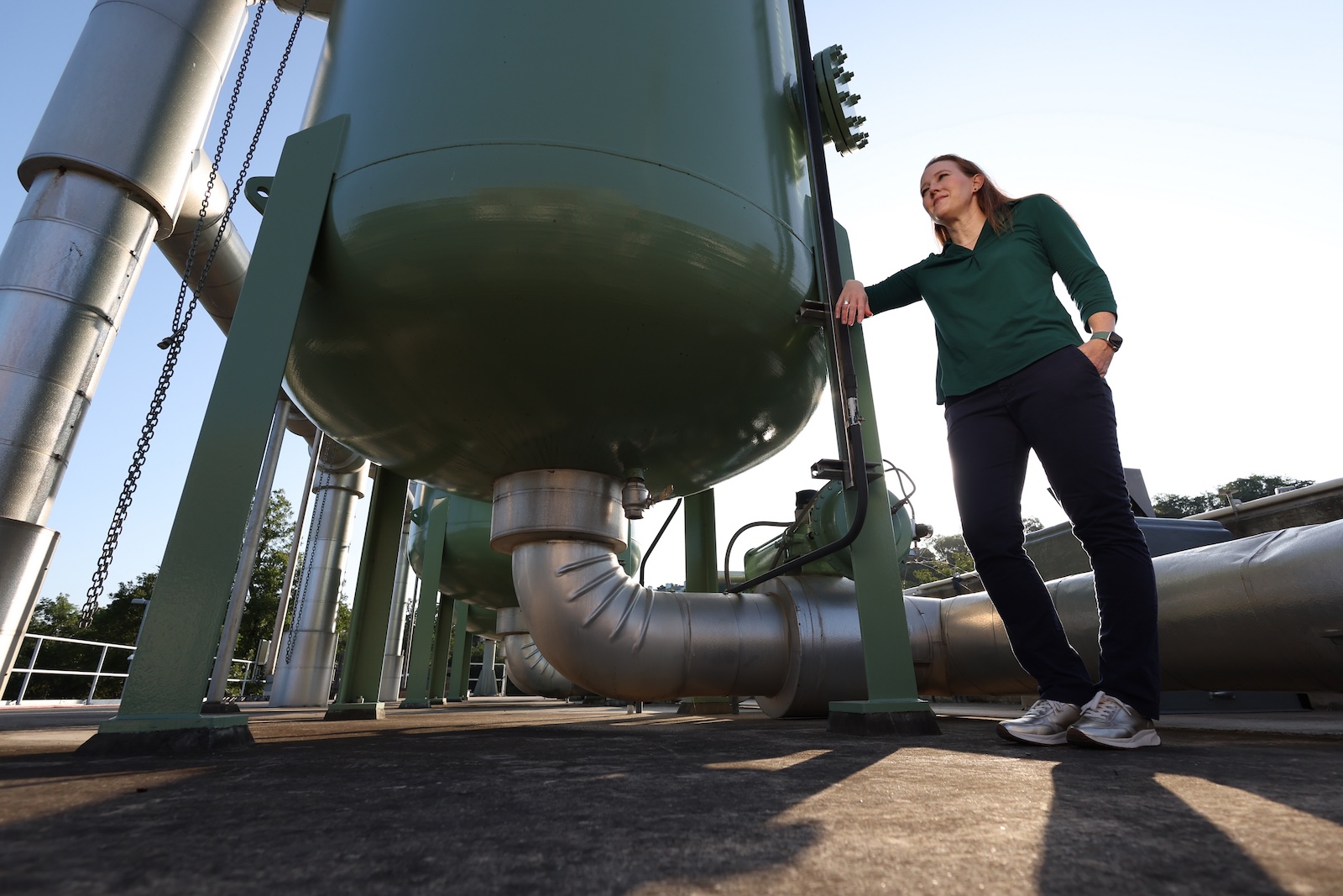 Mandy Hering examines water treatment plant equipment