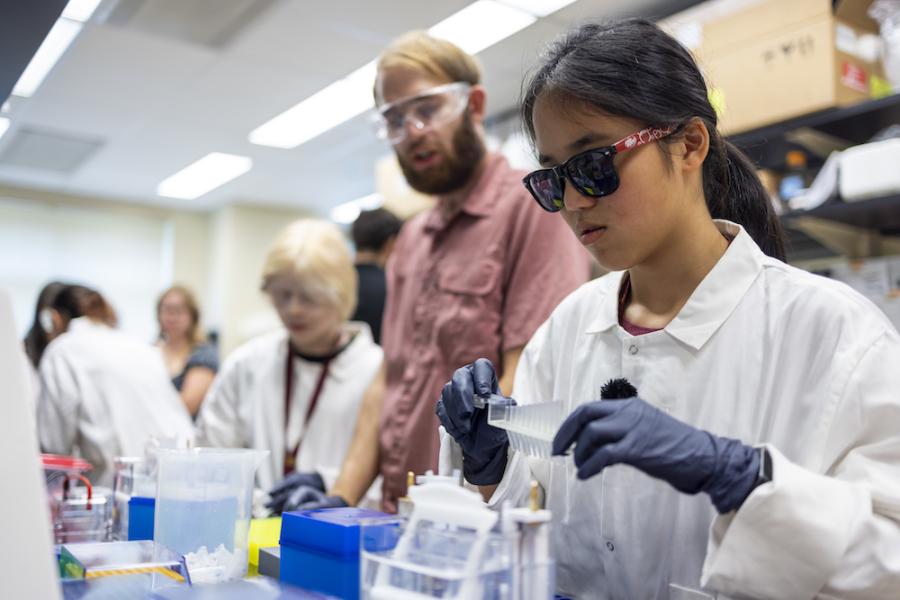 Students with blindness conduct experiments in specially outfitted Baylor laboratory.