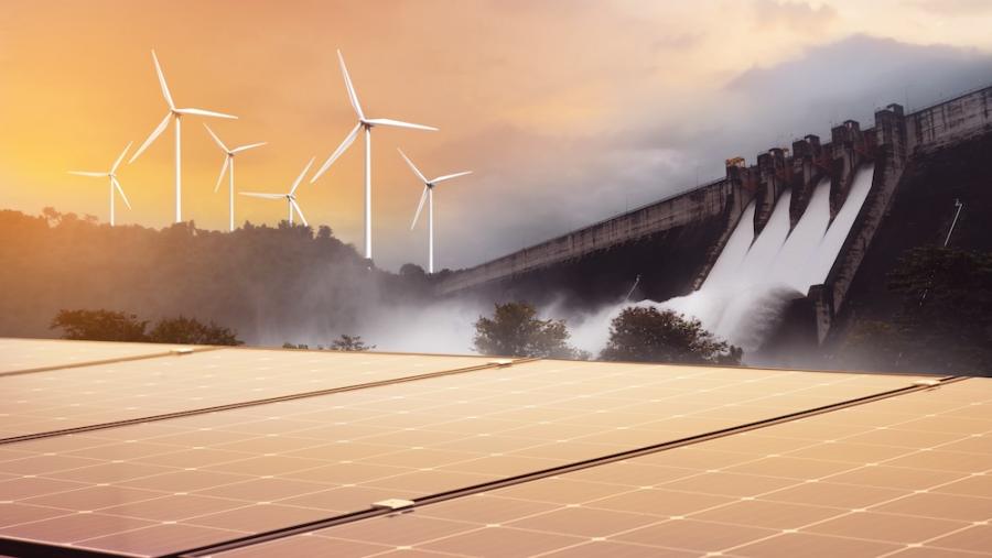 Composite image of water energy dam, windmills and solar energy panels.