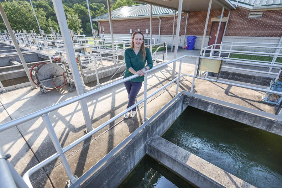 Mandy Hering conducts research at a wastewater treatment plant.