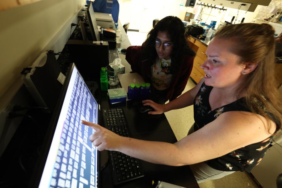 Katelyn McKindles studies water data on computer with student