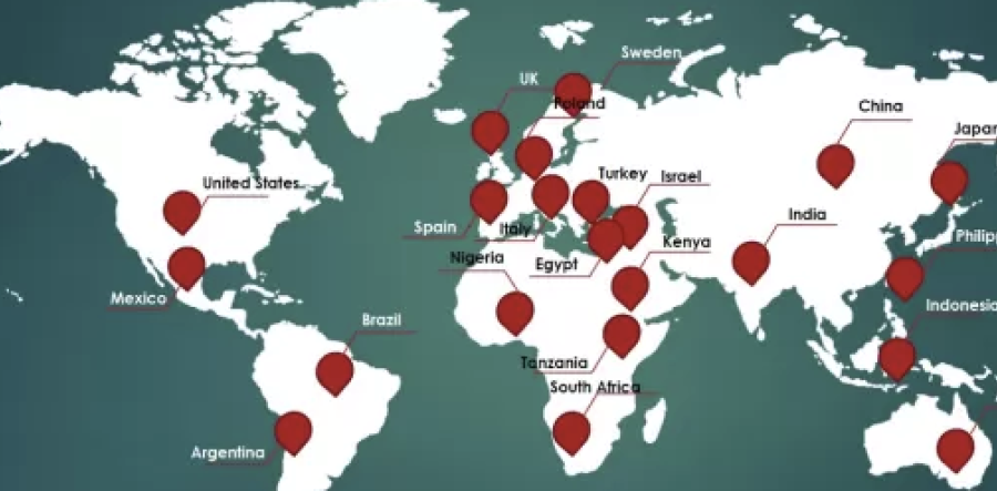 Global map highlighting countries surveyed in Global Flourishing Study