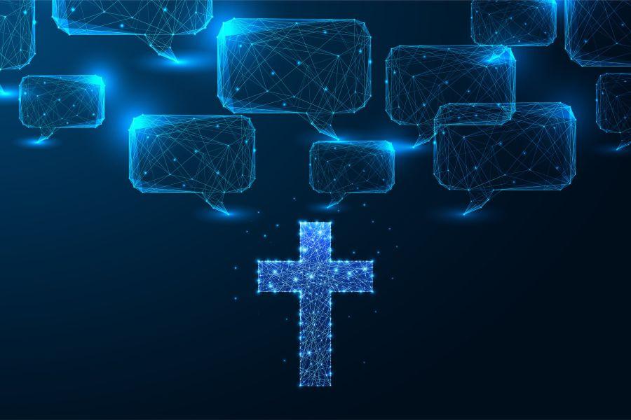 Graphic image of cross and cloud imagery highlighting intersection of faith and artificial intelligence