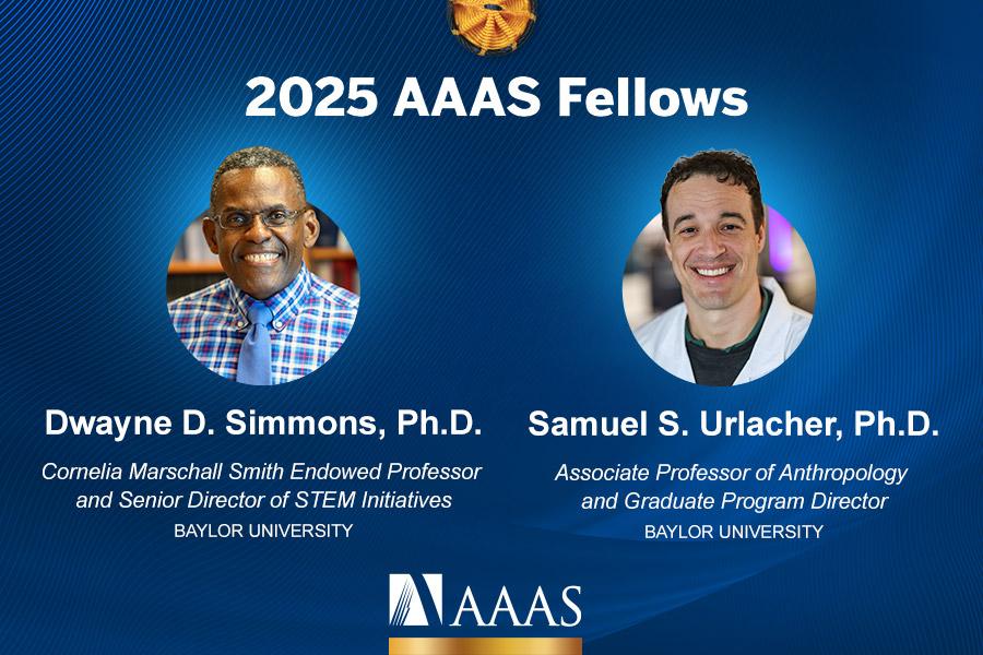 AAAS logo and imagery with headshots of new fellows Dwayne Simmons (L) and Samuel Urlacher (R).